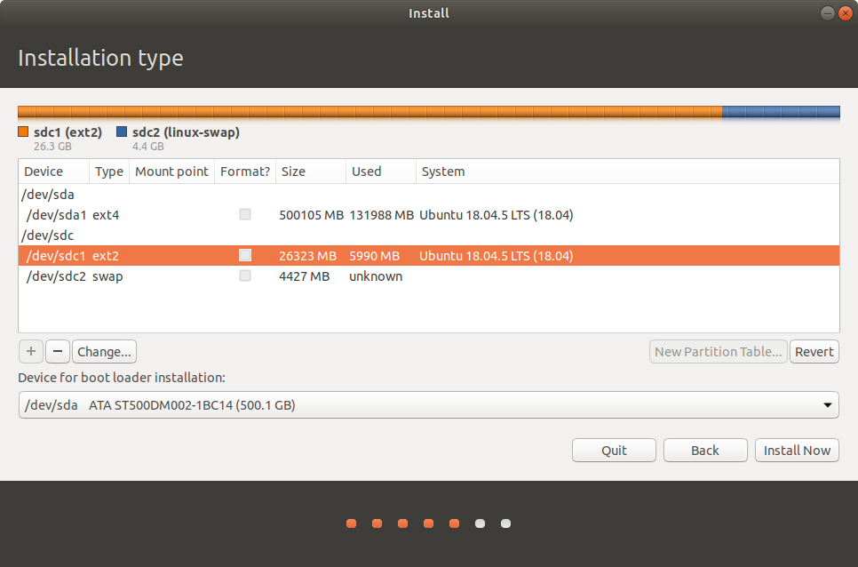 Ubuntu 18.04 installation ext2 primary partition
